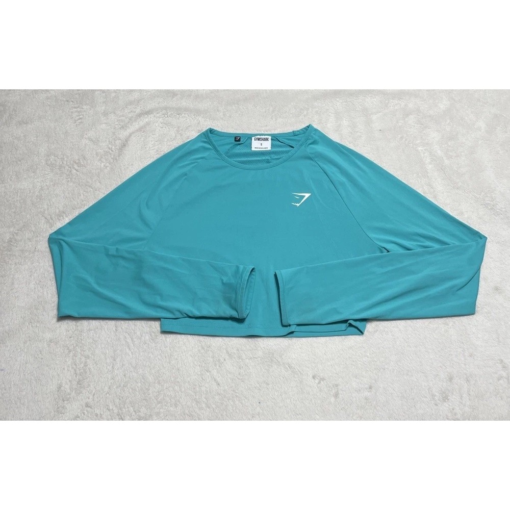Gymshark T Shirt Womens Small Blue Green Stretch Crop Top Athletic Thumbholes